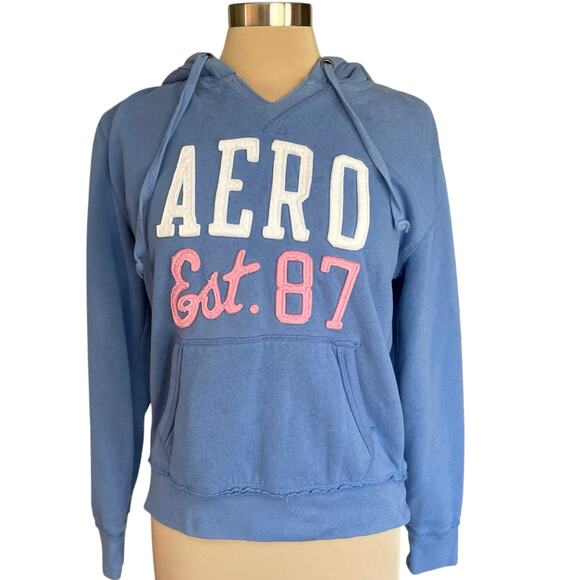 Y2K Aeropostale Blue Hoodie Sweatshirt Spellout Size L Kangaroo Pocket Pullover - Picture 1 of 8